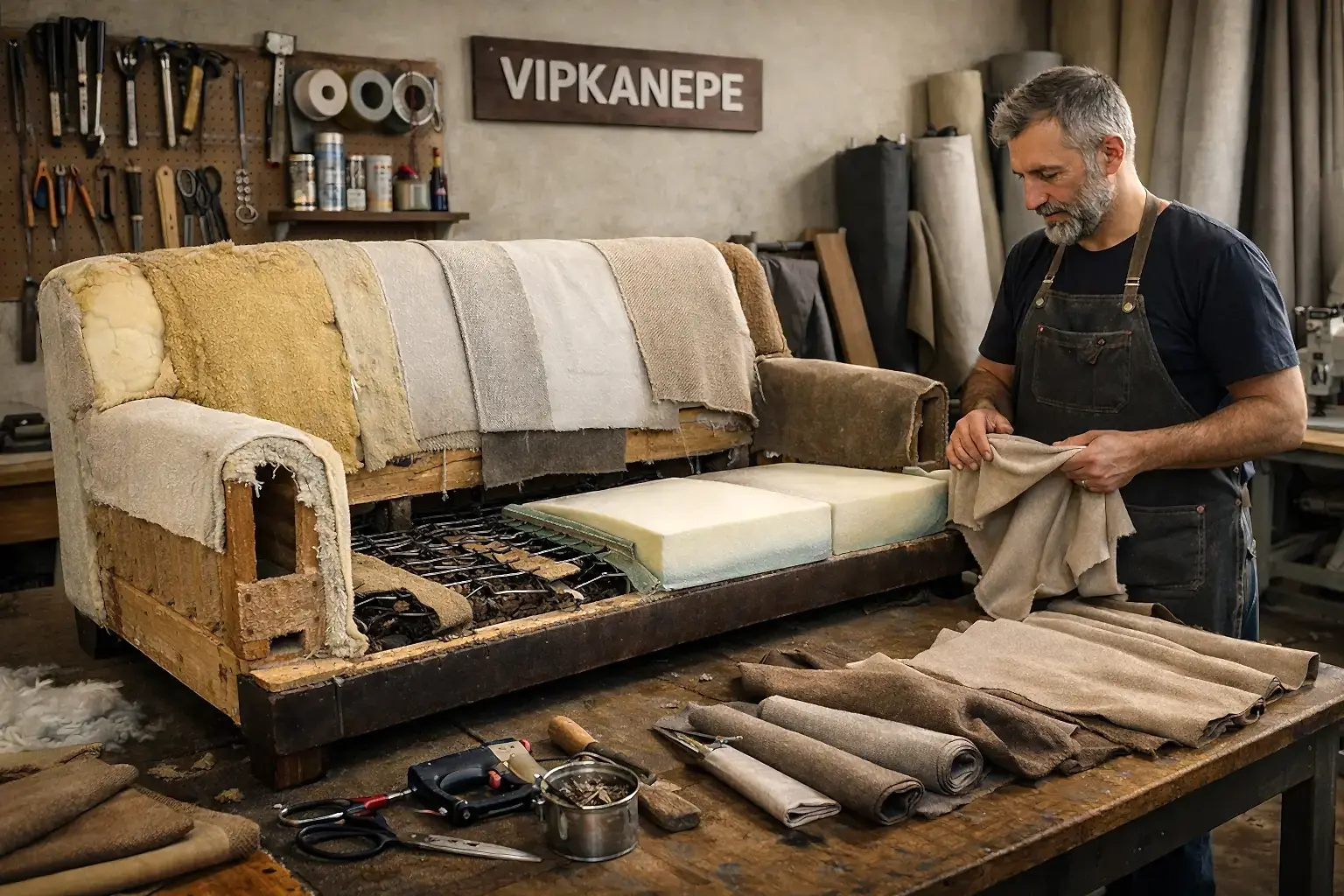 VIPKANEPE atölyesinde koltuk döşeme sürecinde açılmış koltuk ve iç parçaları