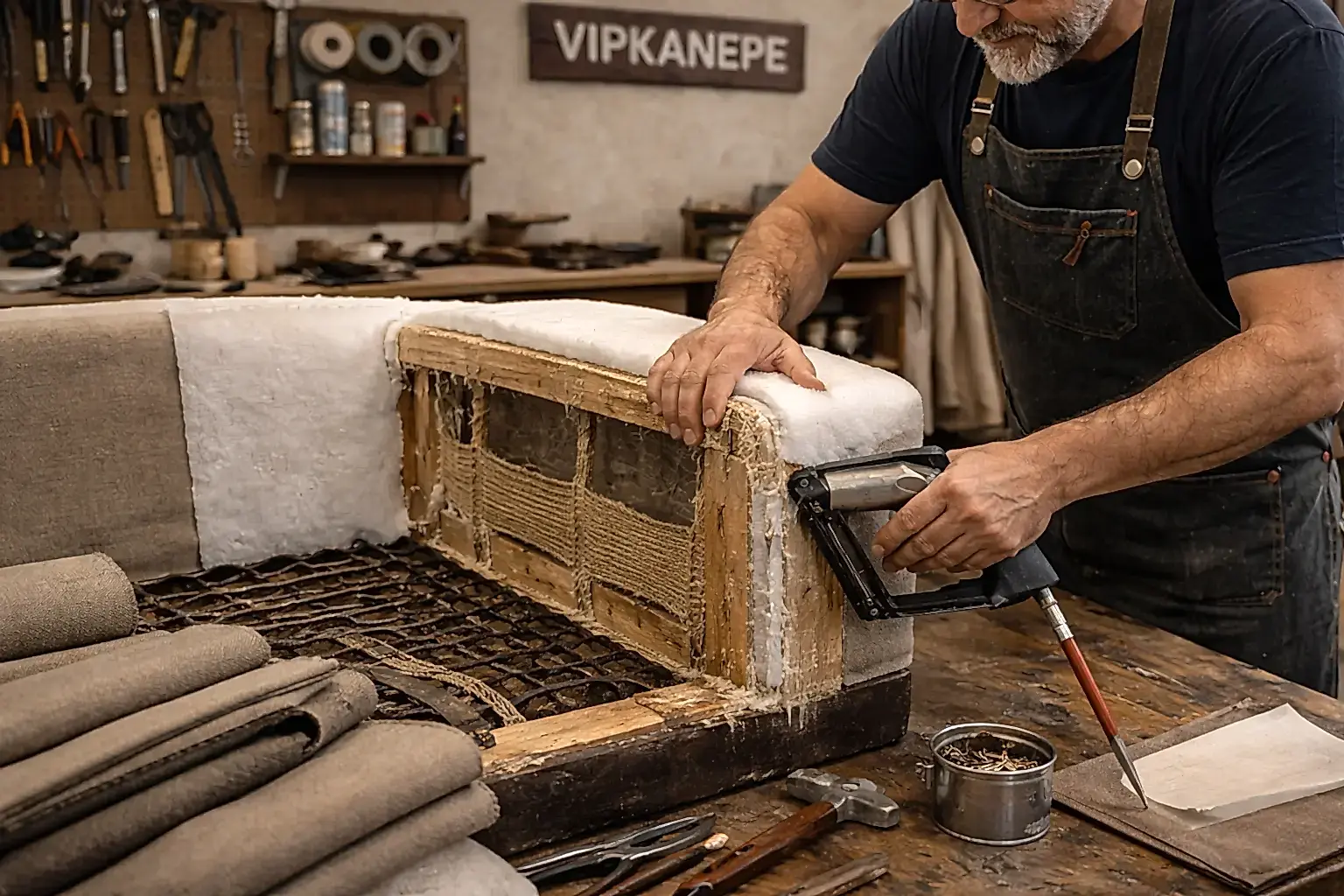 VIPKANEPE atölyesinde koltuk iskeleti tamiri ve güçlendirme işlemi