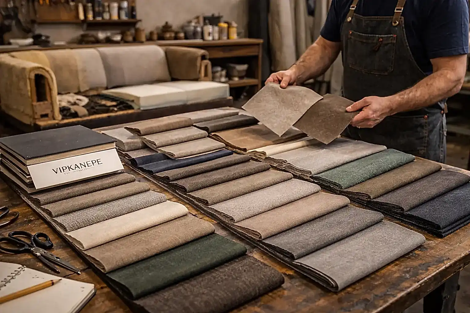 VIPKANEPE atölyesinde koltuk döşeme için kumaş seçimi yapılması